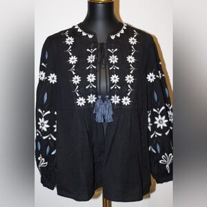 Zara Black Top with White and Blue Embroidery